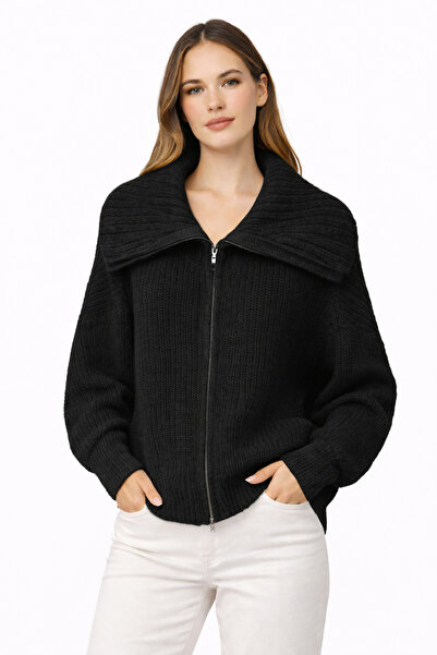 WAS Turndown Collar Zippered Cardigan