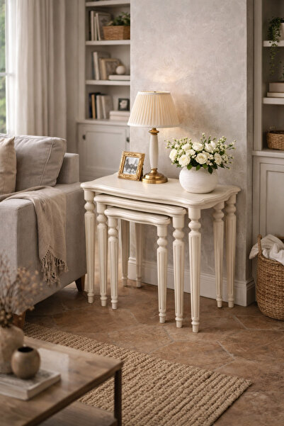 Albero Home Klasik Torna Ayaklı Ahşap Zigon Sehpa Seti