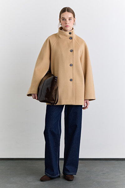 Manuka High Collar Double-Breasted Coat Camel