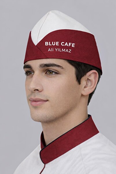 Üniformanya Embroidered Professional Burgundy and White Chef's Hat with Name ...