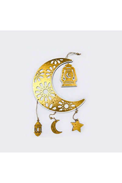 Yuwell YU WELL Wooden Pendant Gold Moon & Star Hanging Decoration for Ramadan...
