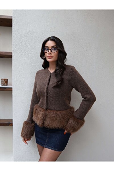 ESRAHELVACI Fur Detailed Knitwear Snap Fastener Cardigan