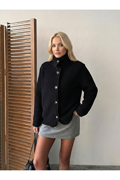 NEW JOURNAL Kadın Siyah Düğmeli Peluş Mont SGT25503