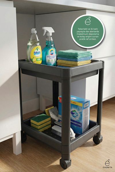 EVONİTA Tekerlekli 2 Katlı Raf Düzenleyici Mini Organizer 36x23x40 cm Banyo M...