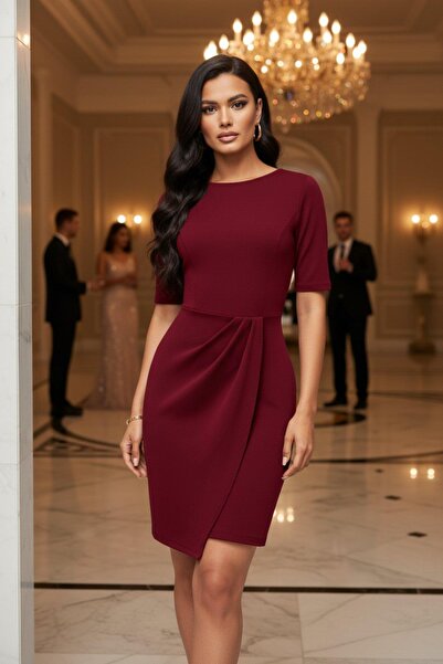 Mossta Crew Neck Gathered Stylish Design Dress - Burgundy