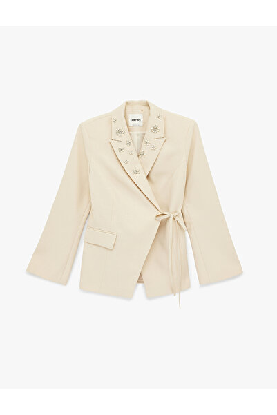 Koton Long Sleeve Pocketed Tie Detail Stone Blazer Jacket