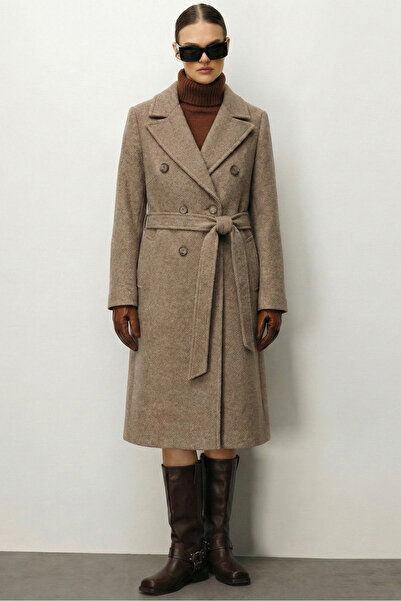 Moda İlgi Modailgi Kuşaklı Diyagonal Çizgili Kruvaze Kaban Vizon