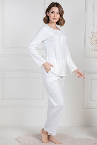 Mecit Pijama طقم بيجامة نسائي مقاس كبير من Mecit 6104 Ecru