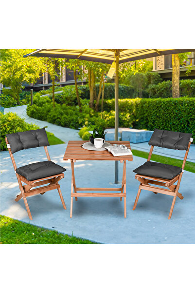 Bysay AHŞAP KATLANIR PUF MİNDERLİ 3 lü BİSTRO SET BAHÇE TAKIMI (NATUREL-ANTRA...