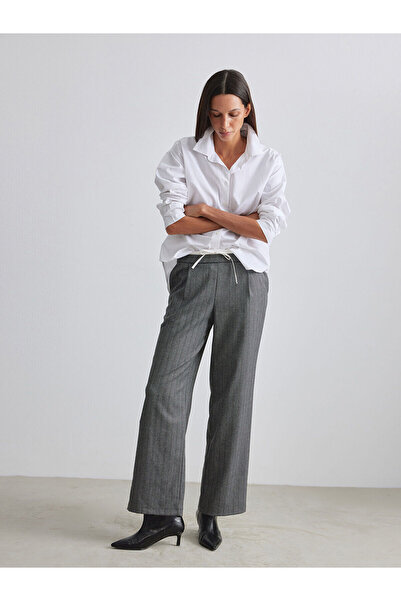 LC Waikiki Mg Trend'En Gray Women's Trousers with Elastic Waist and Herringbo...