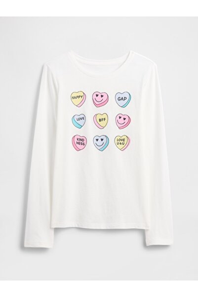 GAP Kız Çocuk Kırık Beyaz Grafik Baskılı T-Shirt