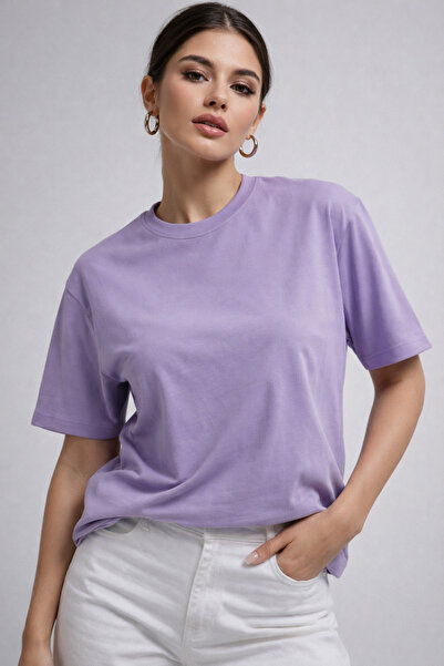 Rich Women's Lilac 100% Cotton Oversized Basic T-Shirt – Comfortable Fit Rela...