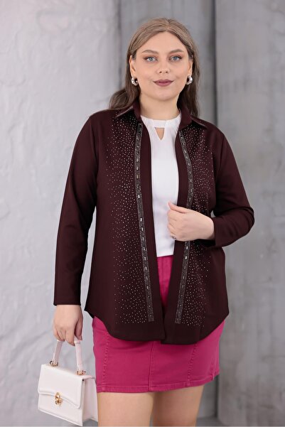 Siyezen Plus Size Stone Embellished Stylish Cardigan