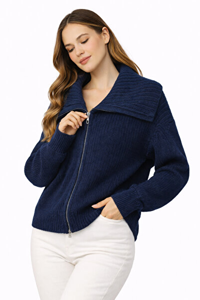 WAS Turndown Collar Zippered Cardigan