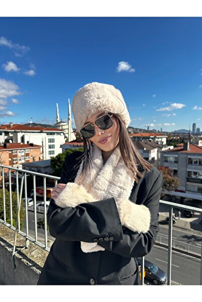 Mollycrush Women's Beige Plush Bucket Hat Scarf Gloves |   3-Piece Premium Set