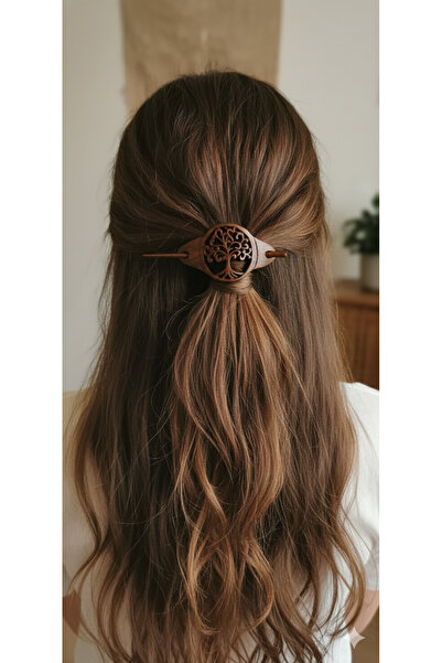 tutu tasarım alaçatı El Yapımı Ahşap Saç Tokası - Otantik Figürlü Çubuklu Top...