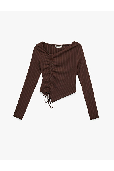 Koton Asymmetrical Neck Drawstring Slim Fit Long Sleeve T-Shirt