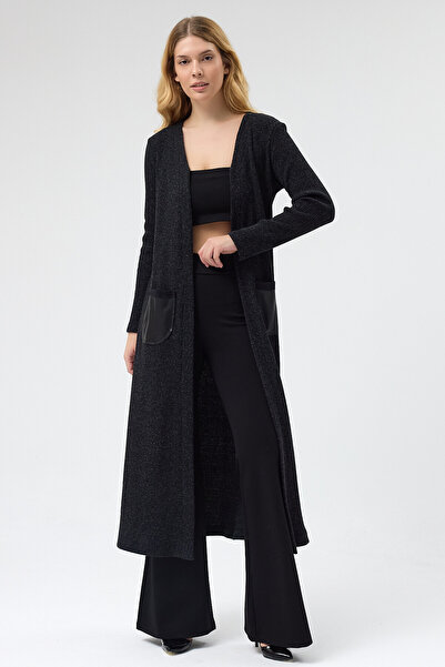 Laranor Black Pocket Detail Regular Long Thick Corded Fabric Ribbed Knit Card...