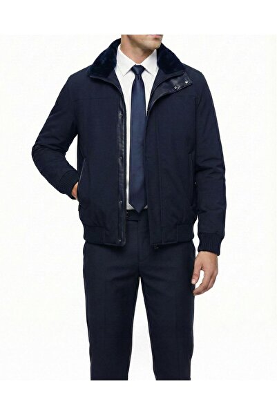 TerziAdemAltun Italian Style Slim Fit Zippered Fur Collar Leather Stripe Men'...