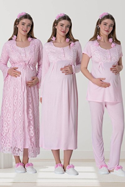 Mecit Pijama طقم ملابس نوم للحوامل من الدانتيل الوردي من Mecit 6060 مع ثوب نو...