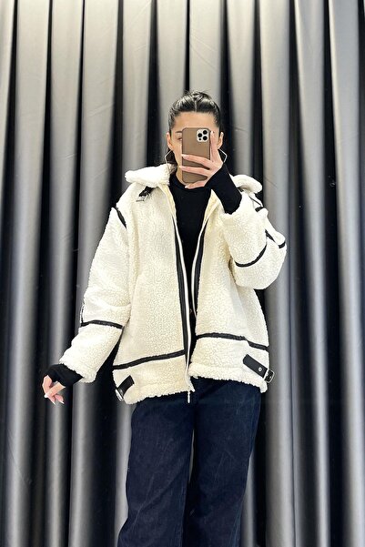 Noa&Noa Piped Plush Coat with Collar and Sleeve Belt - Ecru Ekru