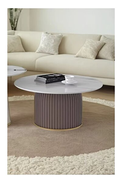 Raffine طاولة قهوة دائرية عصرية من الرخام - طاولة وسط أنيقة بقاعدة مزخرفة لغر...
