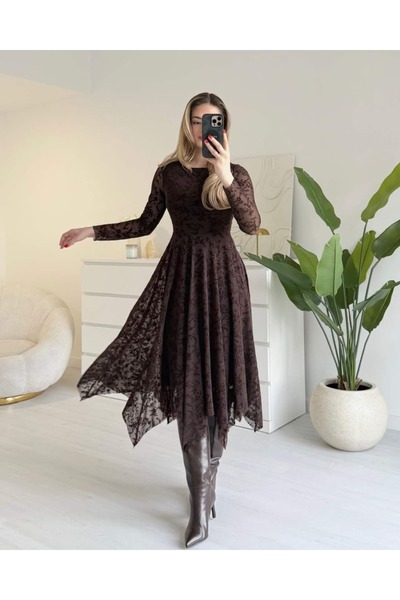 tiamoda Eteği Asimetrik Flok Baskılı Elbise