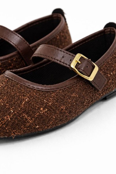 Beyond Brown Tweed Fabric Mary Janes Ballet Flats Stylish Buckled Comfortable Sole Casual Shoes BYNDLCK01