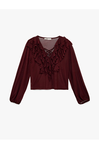 Koton Long Sleeve V Neck Ruffle Chiffon Blouse