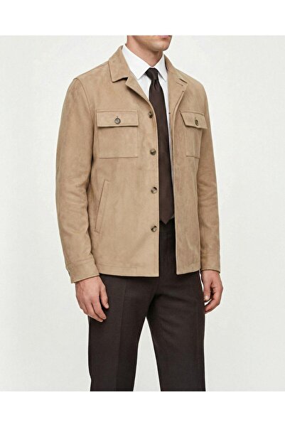 TerziAdemAltun Italian style s Slim Fit polo collar suede men's coat beige t1...