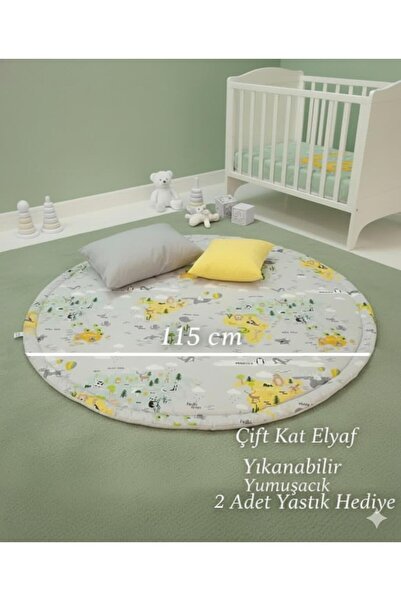 Sevimli Yuvarlak Oyun Minderi 115 cm | Çift Kat Elyaflı Pamuklu Oyun Matı