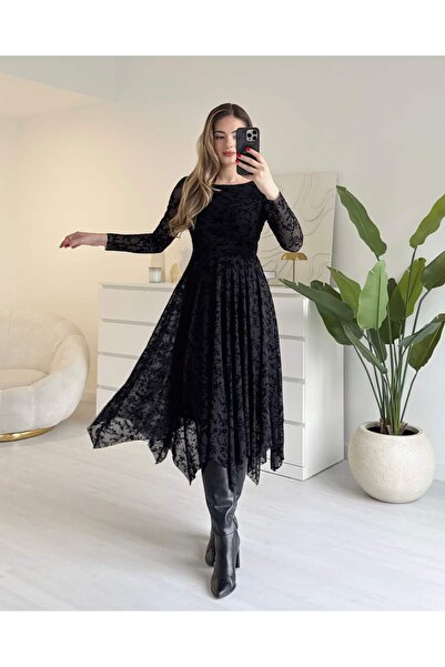 tiamoda Eteği Asimetrik Flok Baskılı Elbise