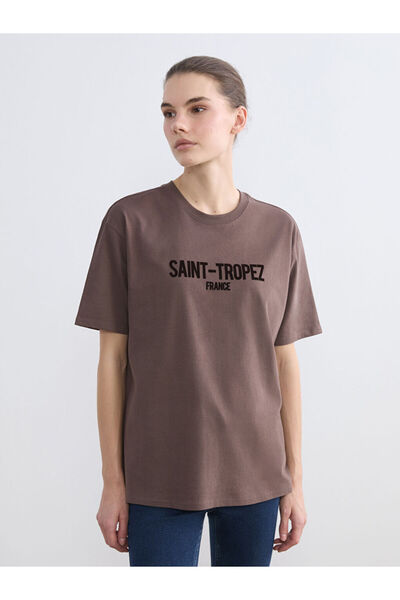 LC Waikiki Tricou de damă oversize cu imprimeu Saint-Tropez maro