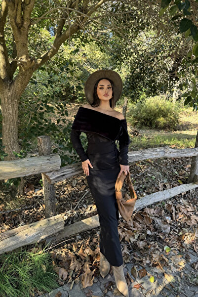 Sorridi Rochie lungă cu șliț Madonna drapat cu guler din blană