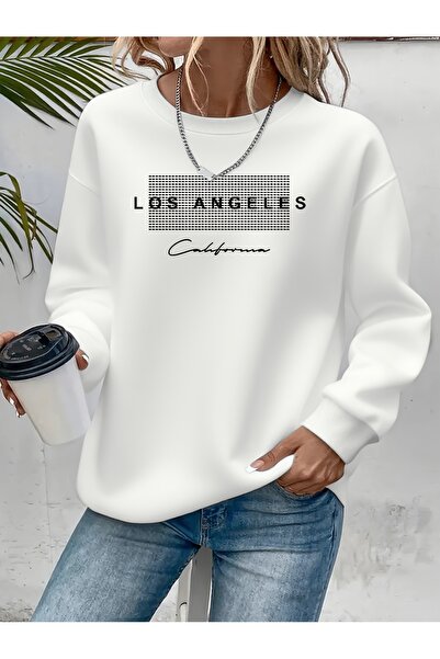 Deocept Mix Printed Crew Neck Comfortable Fit White Women's Sweatshirt