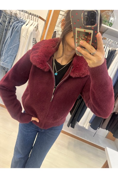 inmuse Çıkarılabilir Kürk Yakalı Triko Hırka