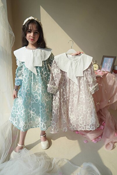 Banuta فستان بناتي بدون وسط ابيض على فيروزي