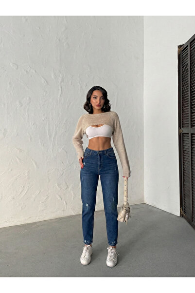 Blue Wings جينز موم بخصر عالٍ وقصة كاملة مع معالجة بالليزر