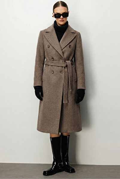 Moda İlgi Modailgi Kuşaklı Diyagonal Çizgili Kruvaze Kaban Kahve