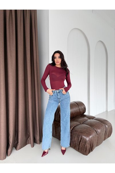 Serica Moda Bluză transparentă ultra ușoară cu decolteu barca Bordeaux