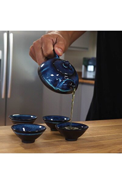 OEM Blue Glaze Ceramic Teapot Set with Metal Handle and 4 Oriental Style Cups...