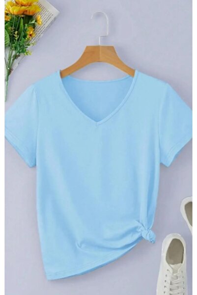 MODAGEN Kadın Bebe Mavi V yaka Regular T-shirt