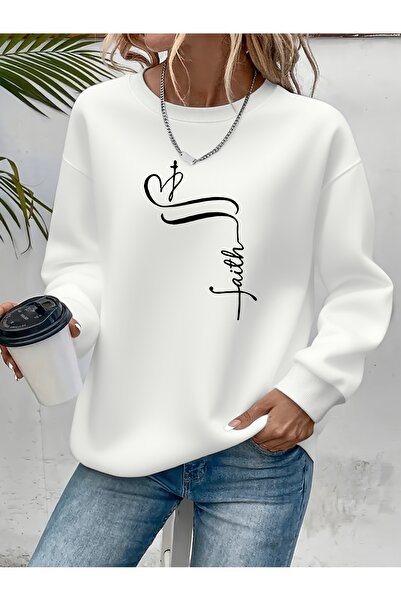 Deocept Mix Printed Crew Neck Comfortable Fit White Women's Sweatshirt