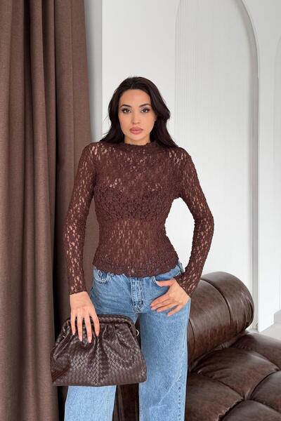 Serica Moda Coffee Lace Embroidered Transparent Blouse