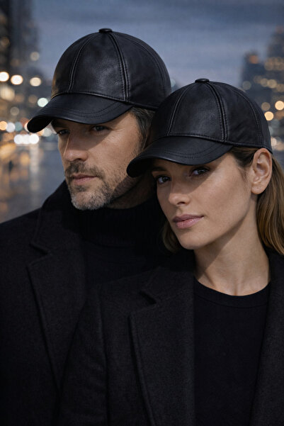 Muraty Pălărie din piele naturală pentru bărbați și femei, clasică, neagră, u...