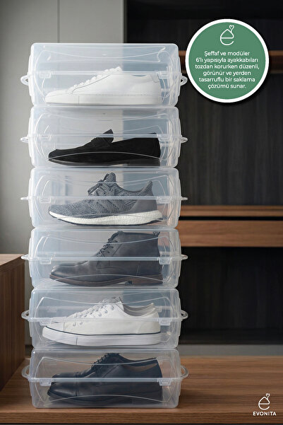 EVONİTA 6-Pack Transparent Men's Shoe Storage Box Stackable Organizer Closet ...