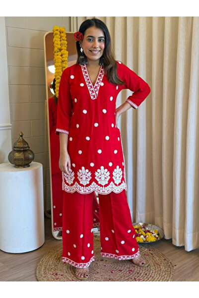 MYSMAR Red Rayon Cotton Top Bottom - FFT5817 | Red