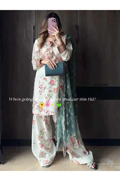 MYSMAR White Silk Top Bottom & Dupatta - HRT1556 | White