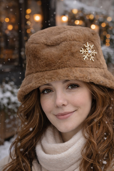 Modex قبعة من القطيفة بتفاصيل بروش على شكل ندفة الثلج ذات ملمس ناعم