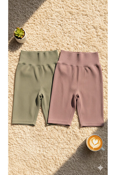 ROZELT Women's Khaki Plum 2-Pack High Waist Above Knee Casual Leggings Dalgıç...